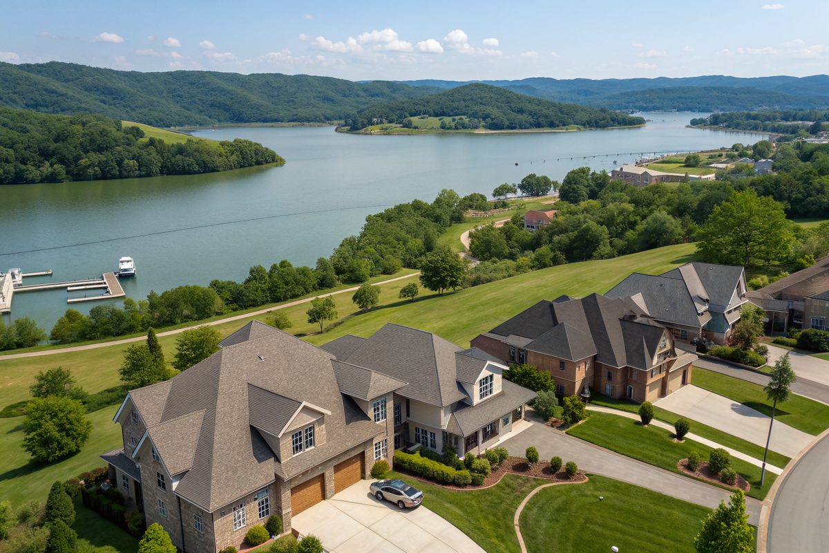 Aerial view of two-story homes with shingle roofs above a wide lake with boat docks and wooded hills