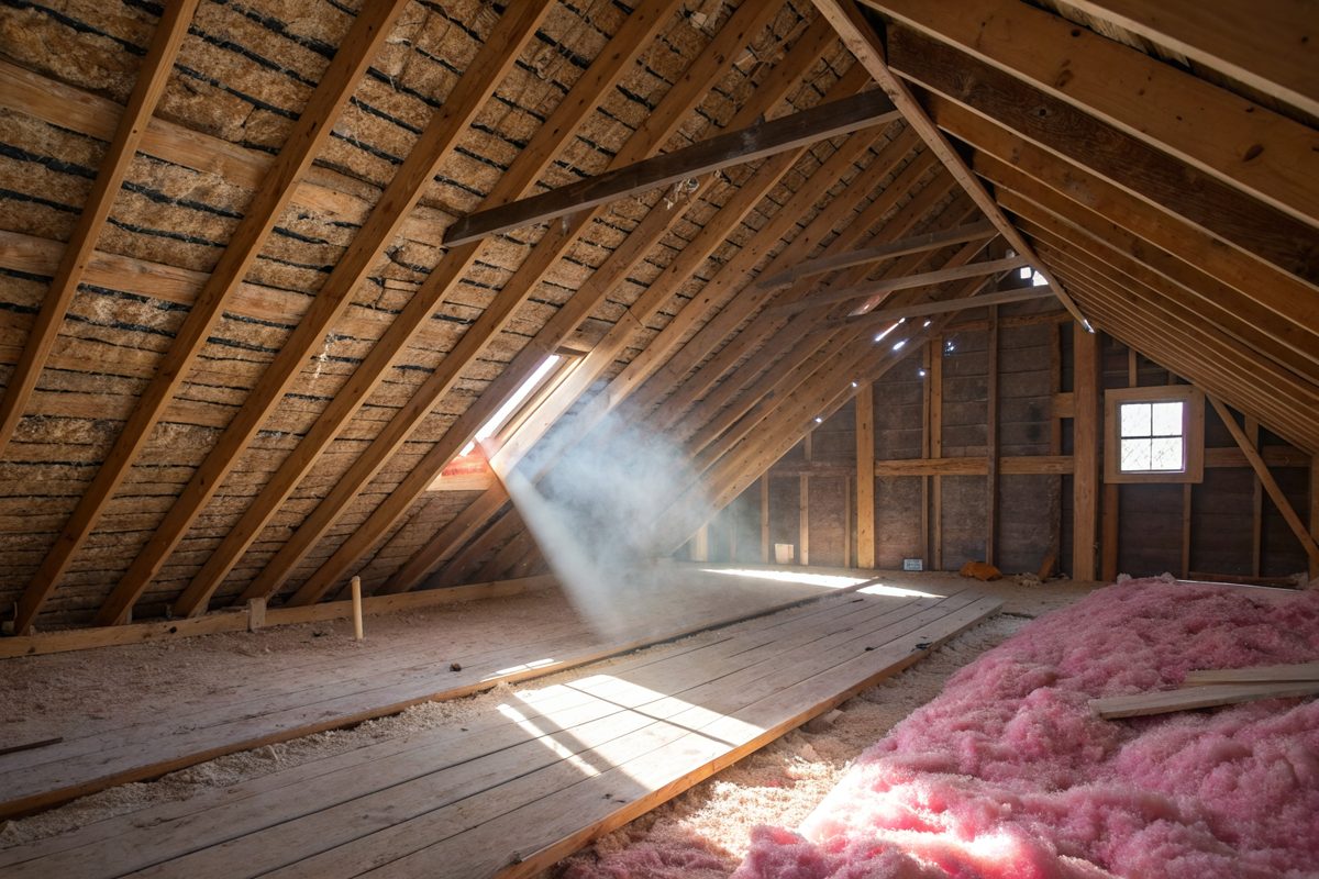 An attic with wood rafters, roof decking, pink insulation and daylight coming through a vent