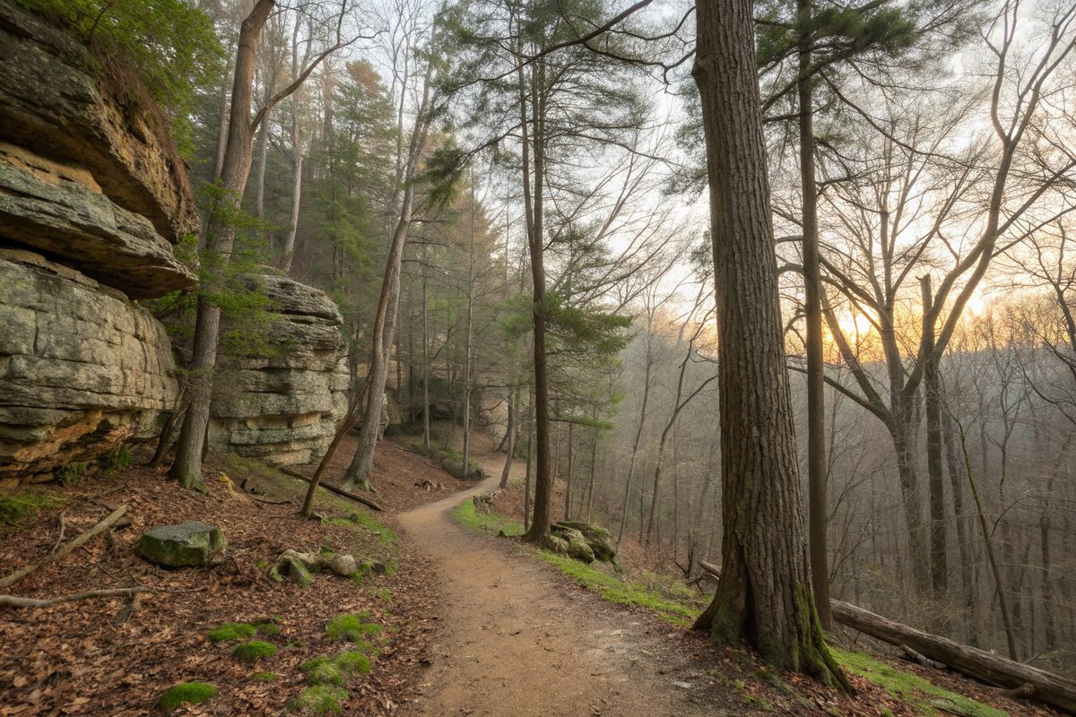 A dirt trail through cedar and hardwood forest past limestone ledges in early light