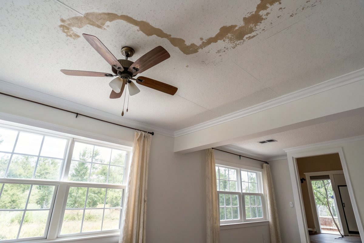 A brown water stain spreading across a bedroom ceiling above a ceiling fan
