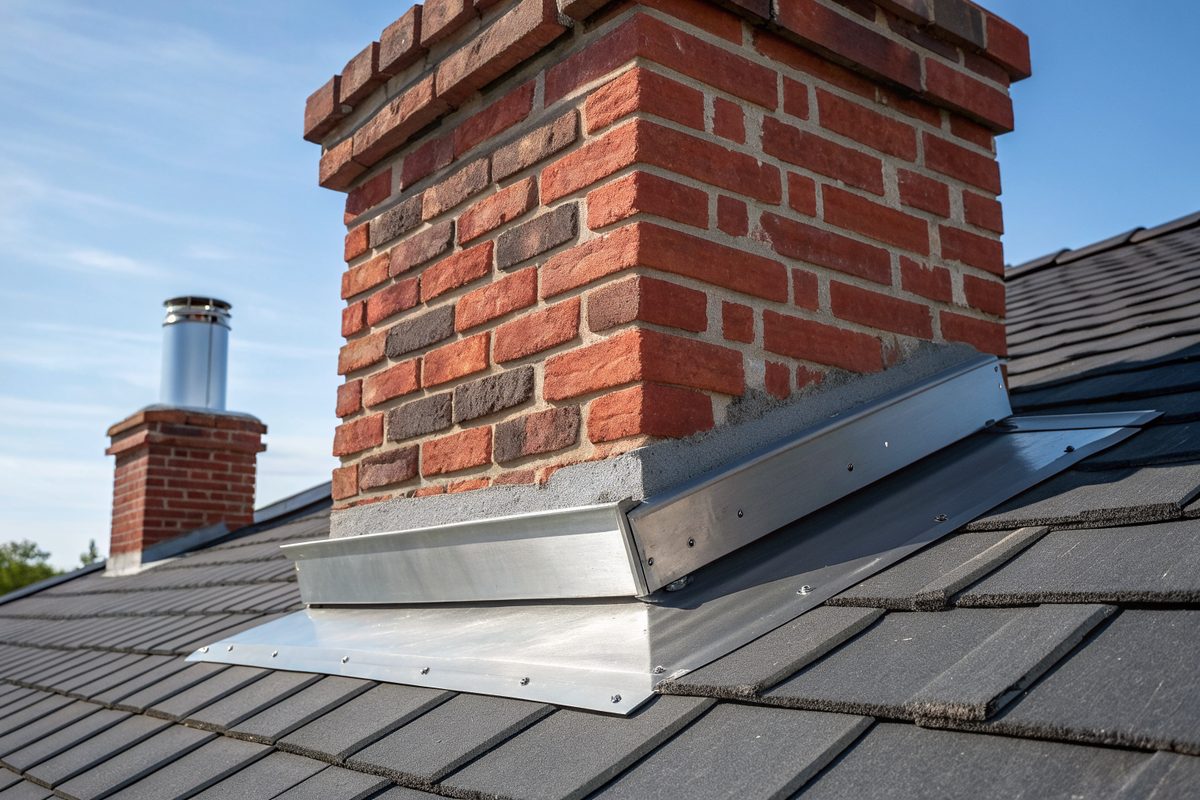 New metal flashing around a red brick chimney on a dark shingle roof