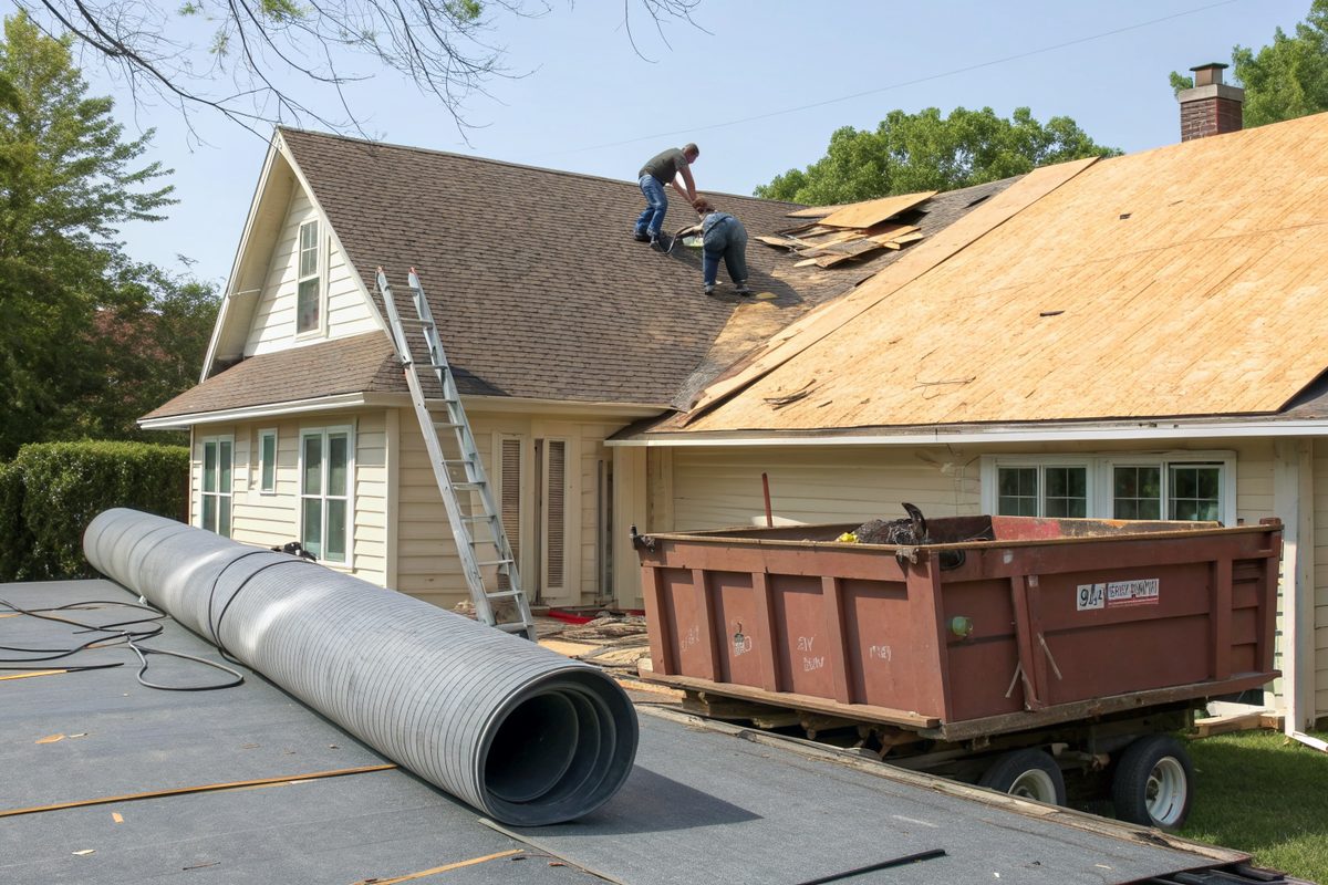 A roof torn off to plywood decking with a roll of underlayment and a dumpster of old shingles below