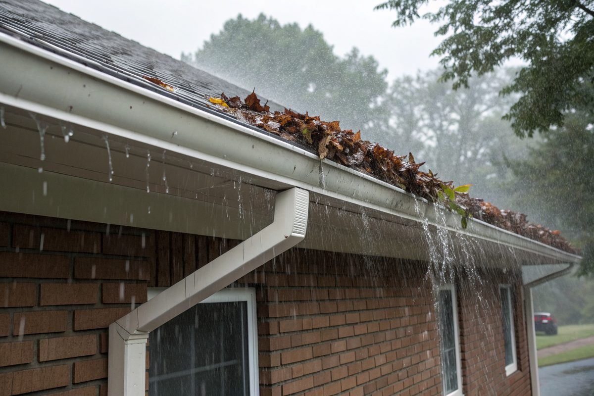 Heavy rain spilling over a leaf-clogged gutter on a brick house
