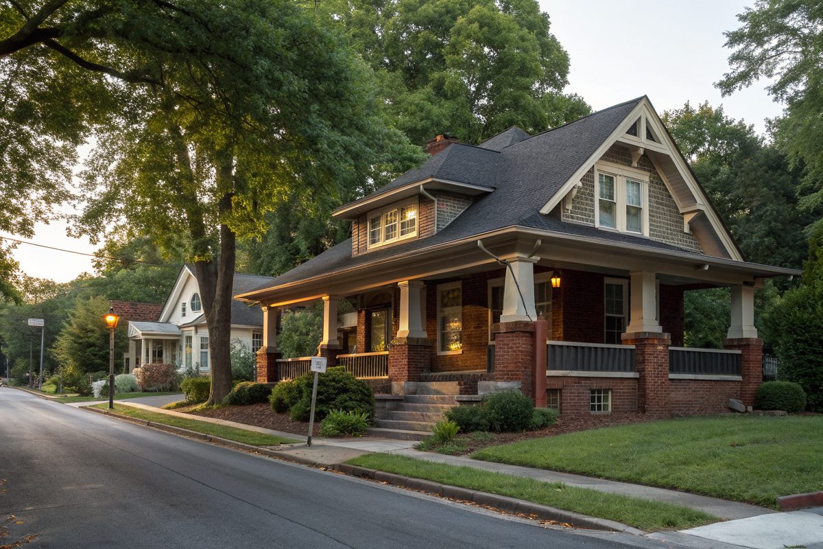 A Craftsman bungalow with a deep porch, brick piers and a dark shingle roof on a tree-lined street