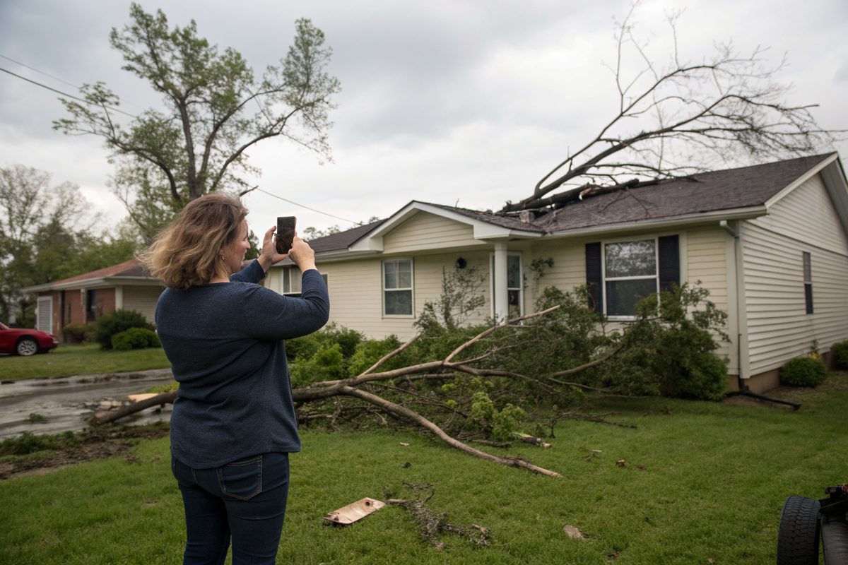 A woman photographing storm damage on her house with a phone, with broken branches on the lawn