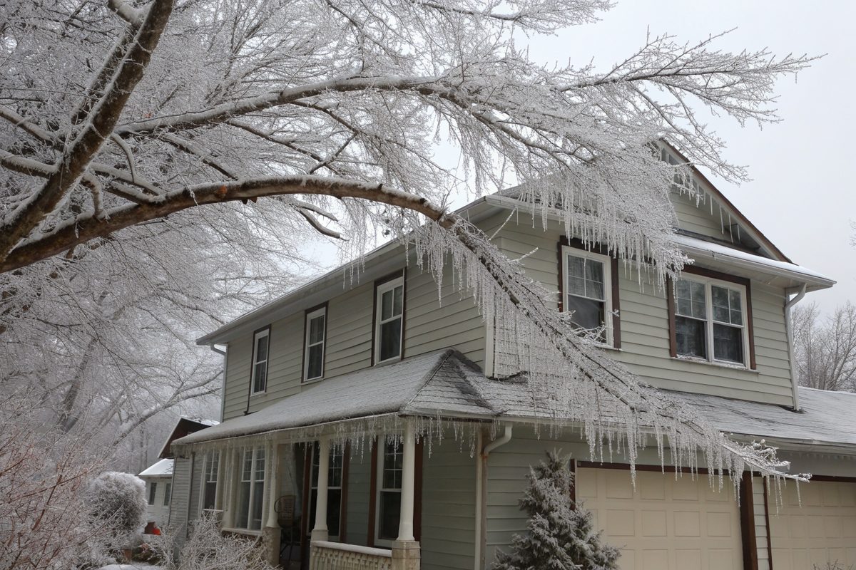 Ice-coated tree branches bending over the roof and gutter of a two-story house