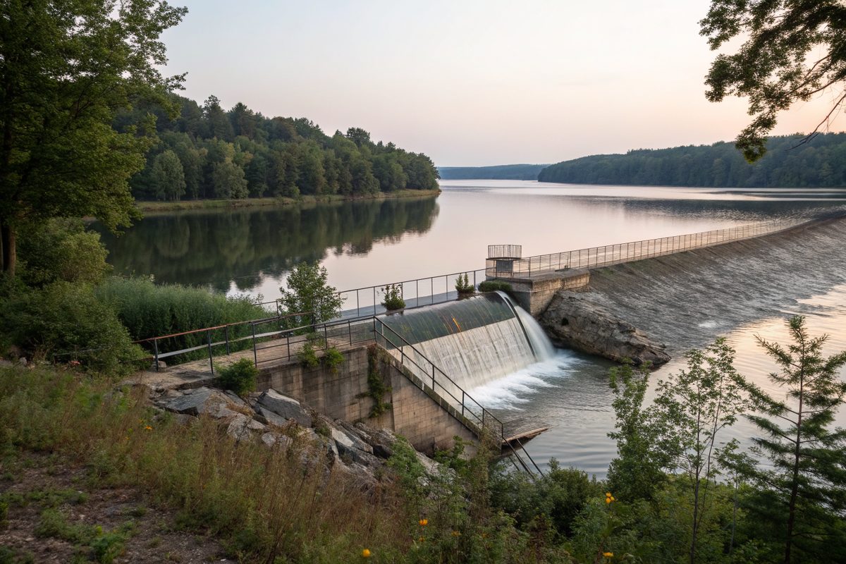 A dam and spillway below a calm lake with wooded shores at dusk