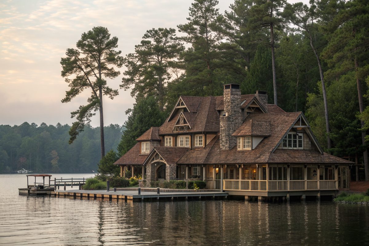 A lake house with many gables and a brown shingle roof above a wooden dock at dusk