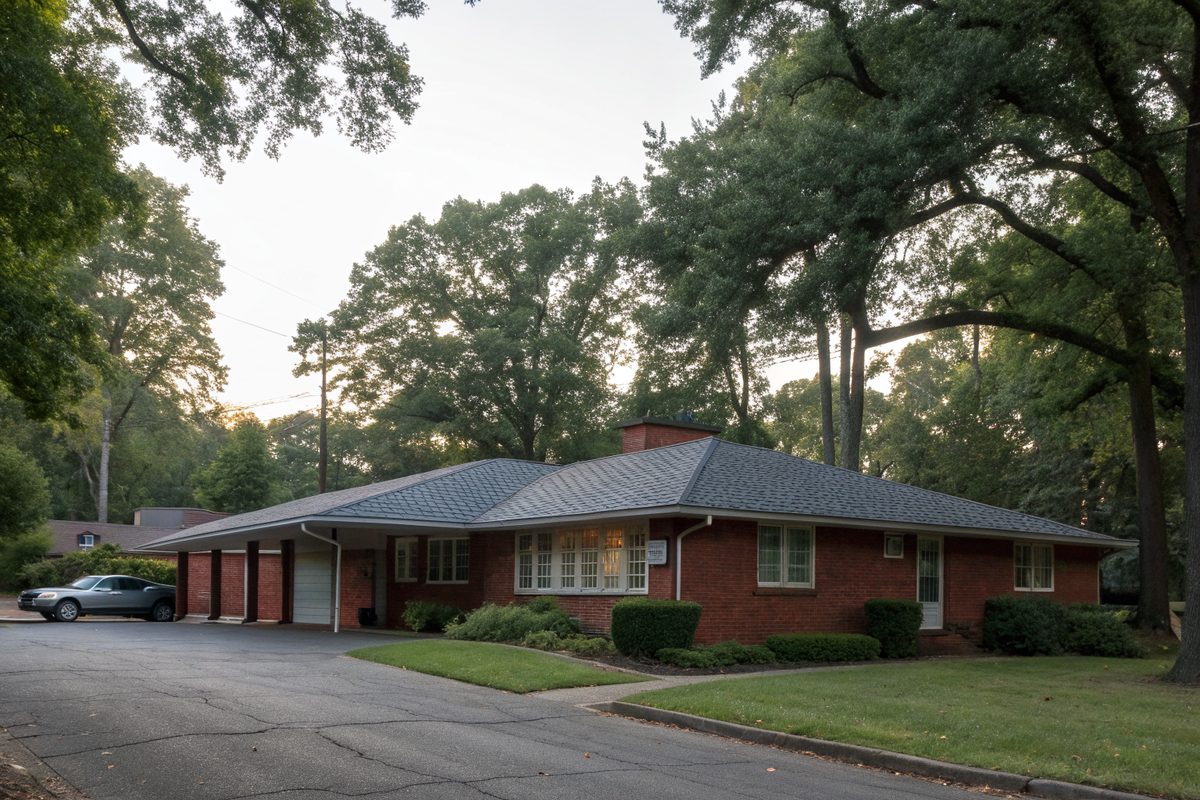 A long red-brick ranch house with a low gray shingle roof under big shade trees