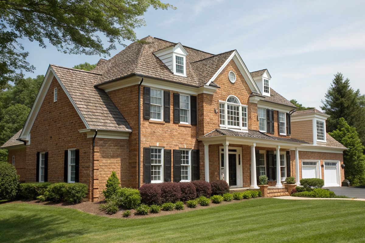 A two-story brick colonial with a new weathered-wood shingle roof, white trim and black shutters