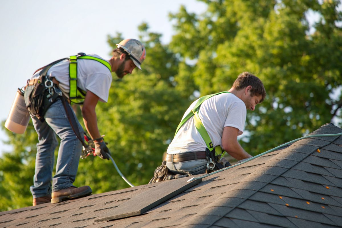 Two roofers in safety harnesses laying new charcoal shingles beside green trees