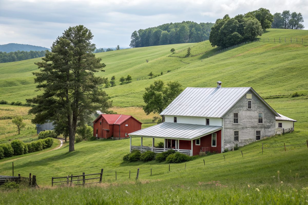 A farmhouse with a silver metal roof and a red barn on rolling green pasture