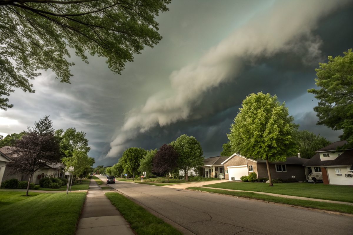 A dark shelf cloud rolling over a suburban street of one-story homes