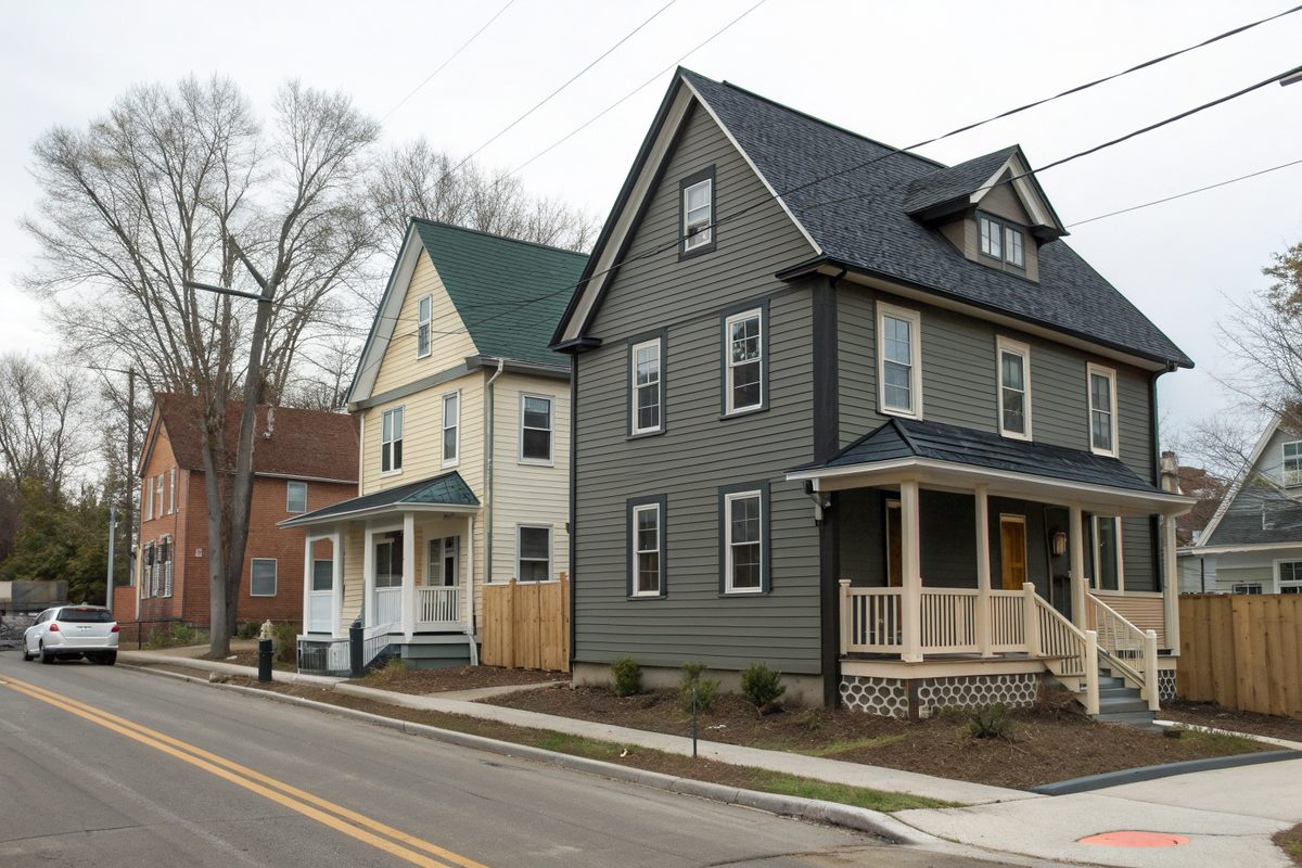 Tall, narrow new two-story infill houses with steep dark shingle roofs on a city street