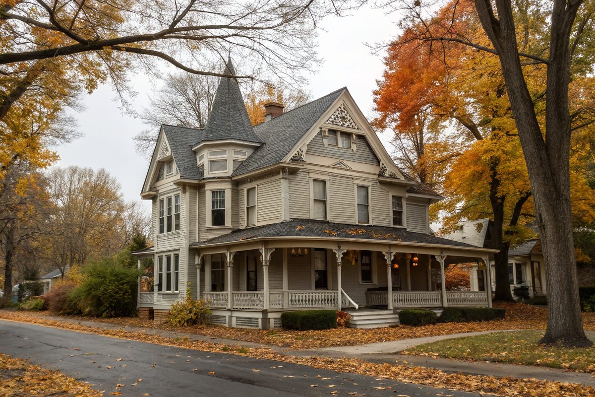 A two-story Victorian with a steep gray shingle roof, a turret and a wraparound porch in autumn