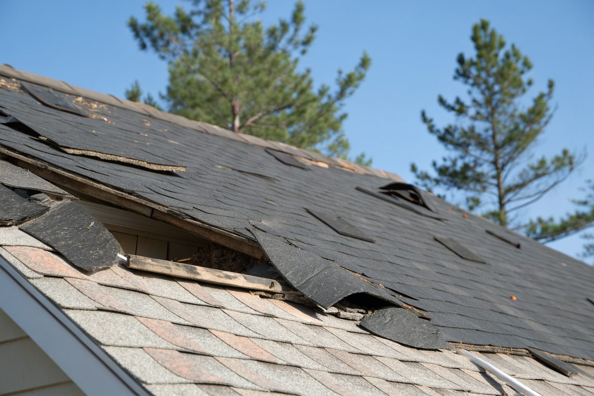 Wind-torn asphalt shingles near a roof ridge with lifted tabs and exposed underlayment